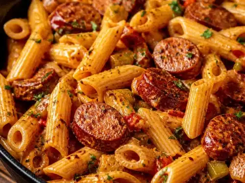 One-Pot Creamy Spicy Cajun Sausage Pasta in a skillet, garnished with herbs.