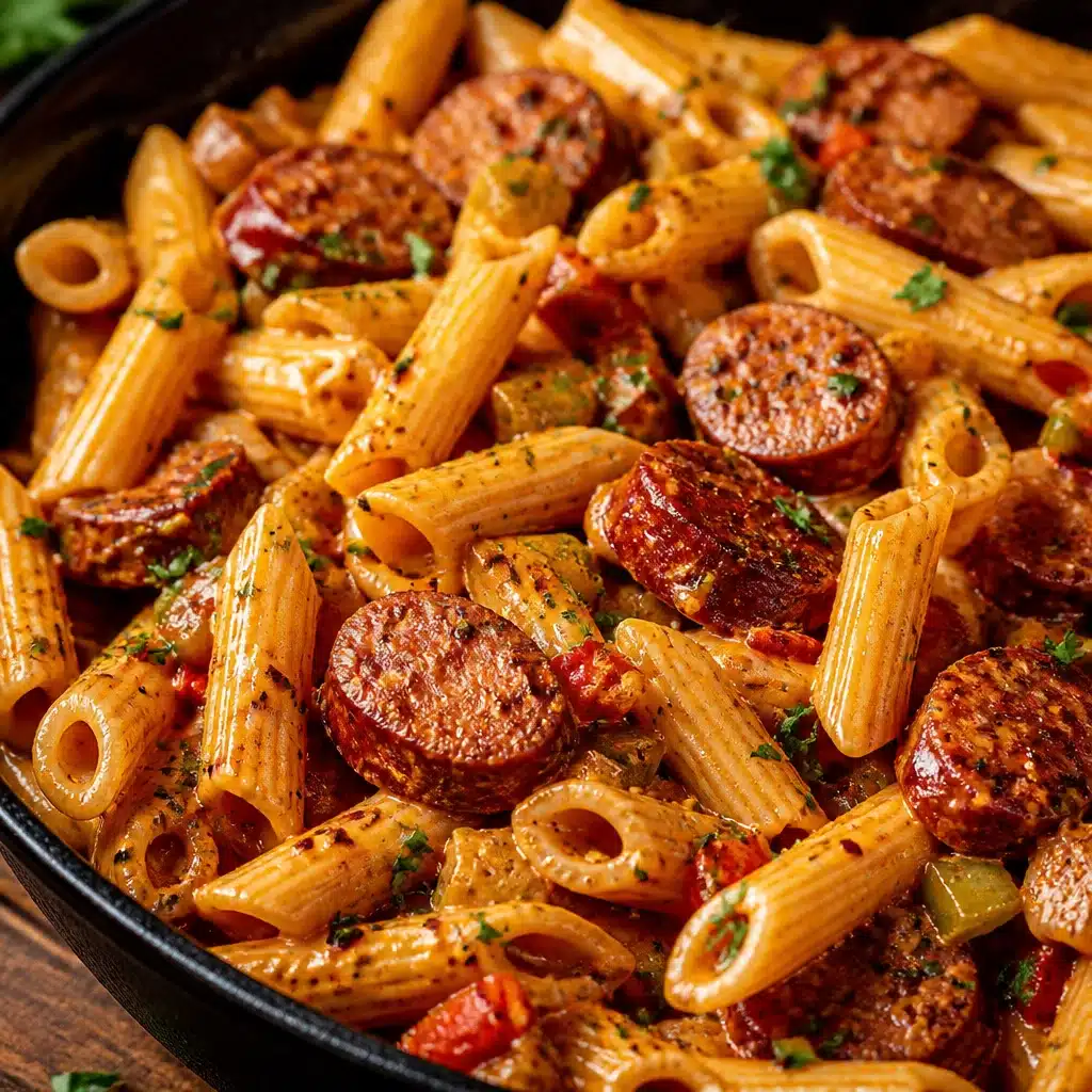 One-Pot Creamy Spicy Cajun Sausage Pasta in a skillet, garnished with herbs.