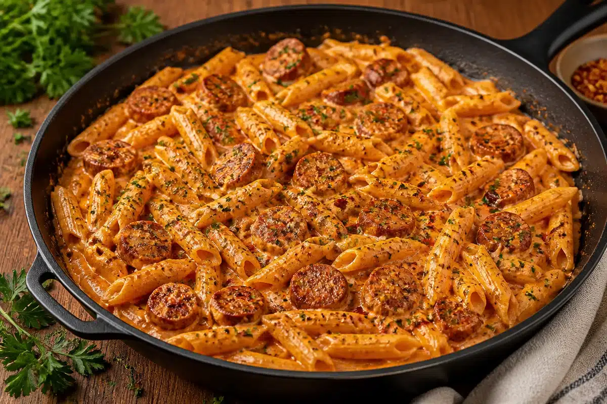 One-Pot Creamy Spicy Cajun Sausage Pasta Made Easy