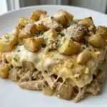 Delicious tater tot casserole topped with melted cheese and savory ingredients