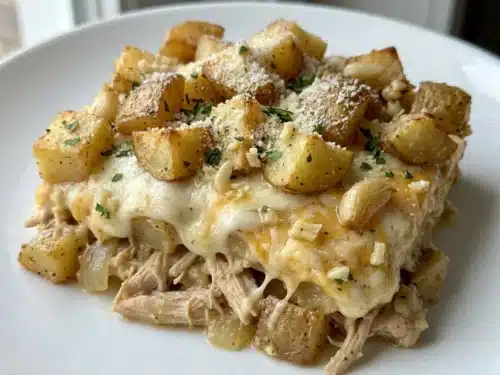 Delicious tater tot casserole topped with melted cheese and savory ingredients