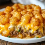 Delicious Tater Tot Casserole with Ground Beef topped with crispy tater tots