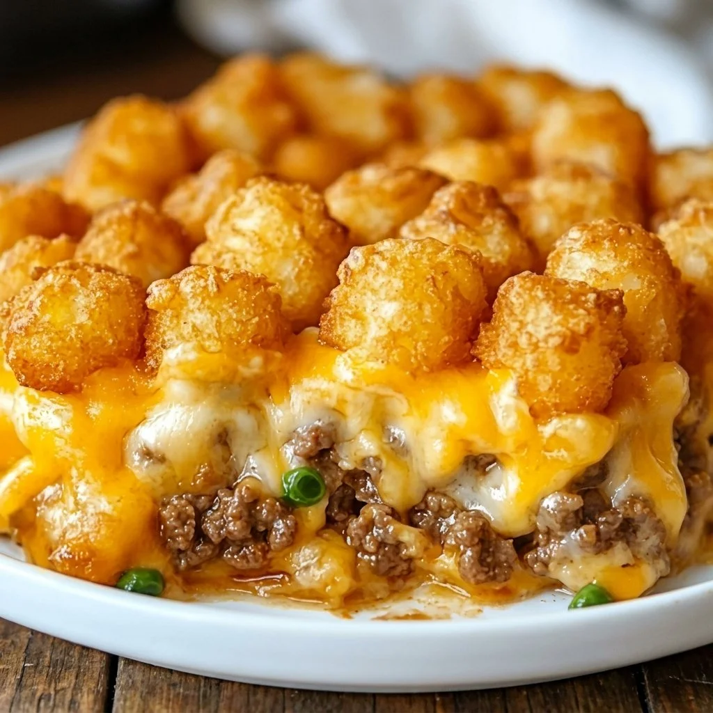 Delicious Tater Tot Casserole with Ground Beef topped with crispy tater tots