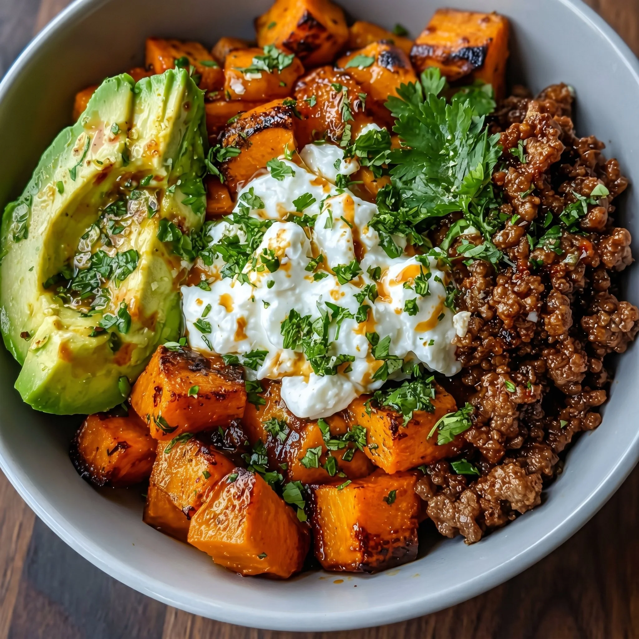 Viral ground beef hot honey bowl topped with fresh ingredients and drizzled with honey