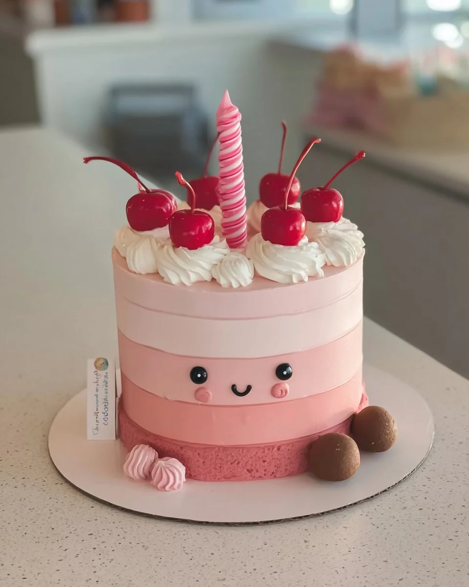Colorful birthday cake with cherries, perfect for a girl's party.