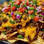 Delicious Epic Beef Nachos Supreme topped with cheese, beef, and fresh ingredients