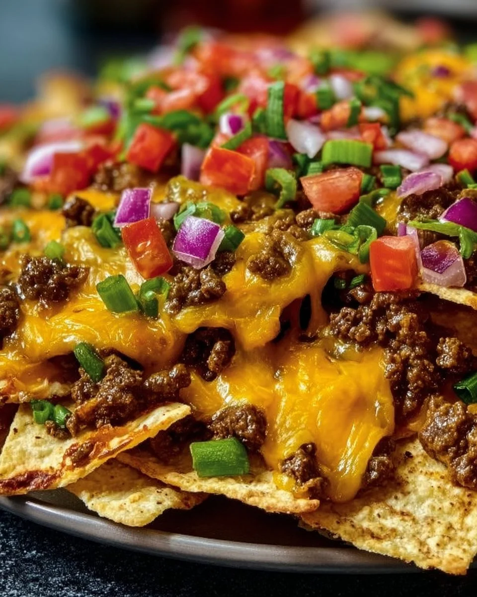 Delicious Epic Beef Nachos Supreme topped with cheese, beef, and fresh ingredients