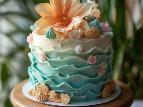 Beautiful ocean-inspired cake decorated with blue waves and seashells.