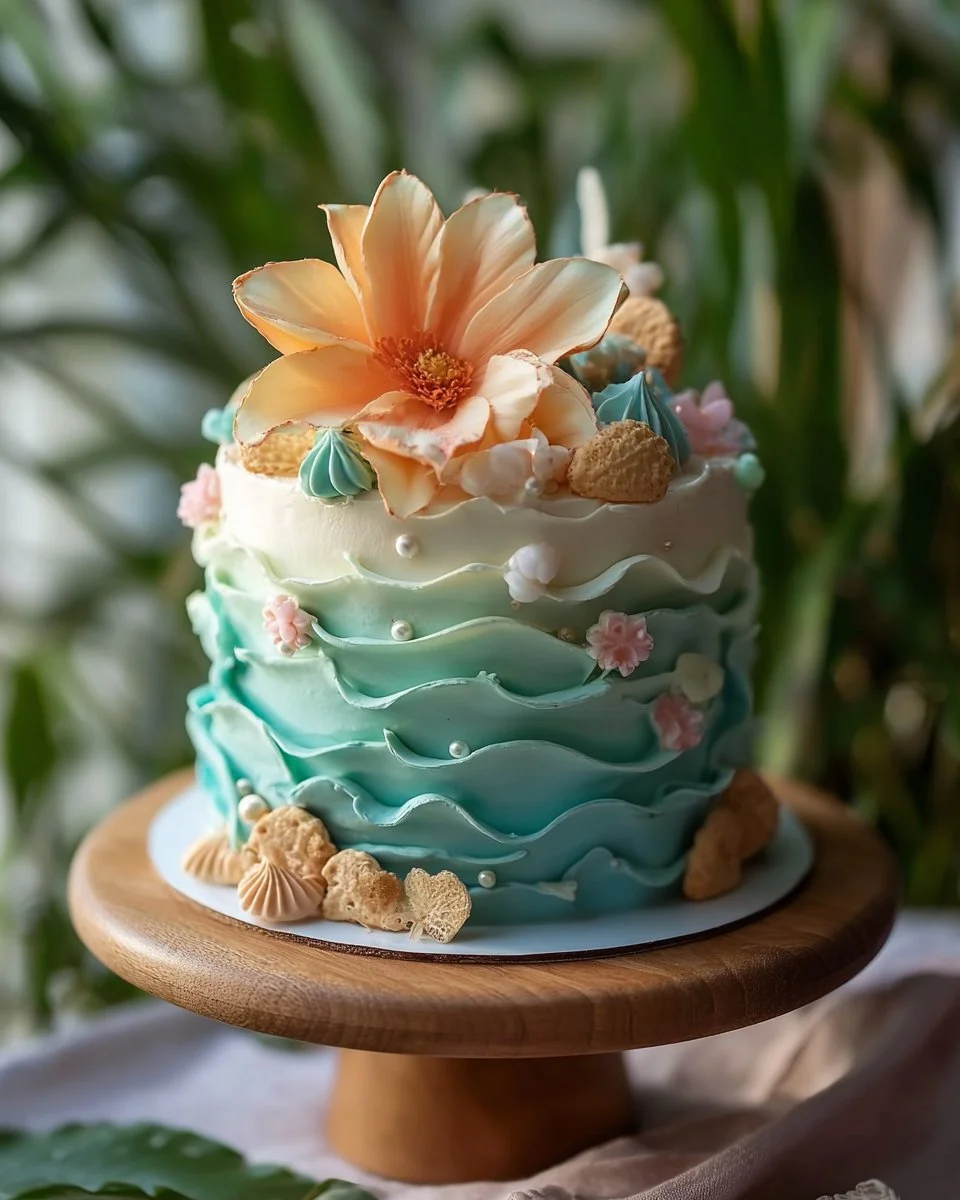 Beautiful ocean-inspired cake decorated with blue waves and seashells.