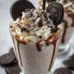 Delicious Oreo milkshake topped with whipped cream and Oreo crumbs