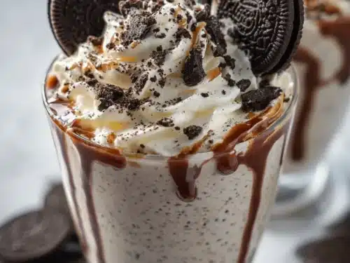 Delicious Oreo milkshake topped with whipped cream and Oreo crumbs