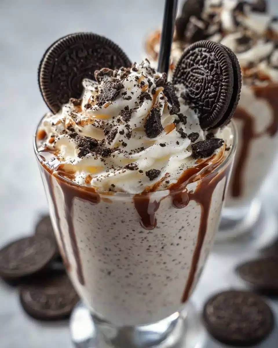Delicious Oreo milkshake topped with whipped cream and Oreo crumbs