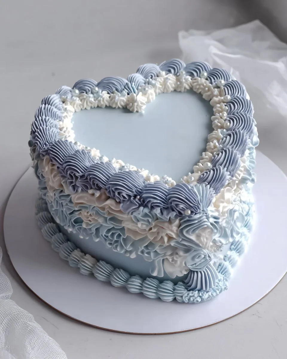 Vintage blue heart cake with bows for a sweet 16 birthday celebration