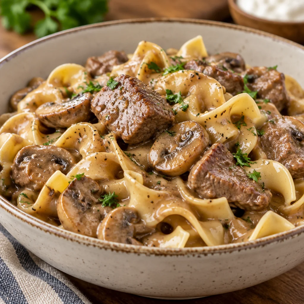 Simple Beef Stroganoff served in a bowl with noodles and mushrooms