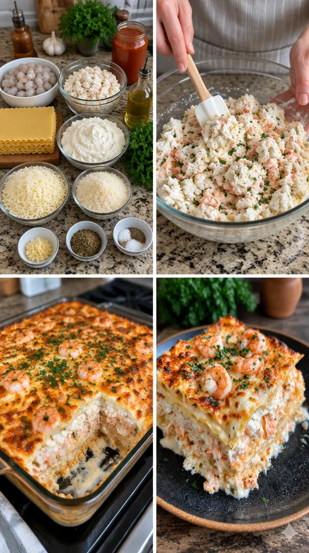 Delicious Seafood Lasagna layered with shrimp, crab, and creamy cheese